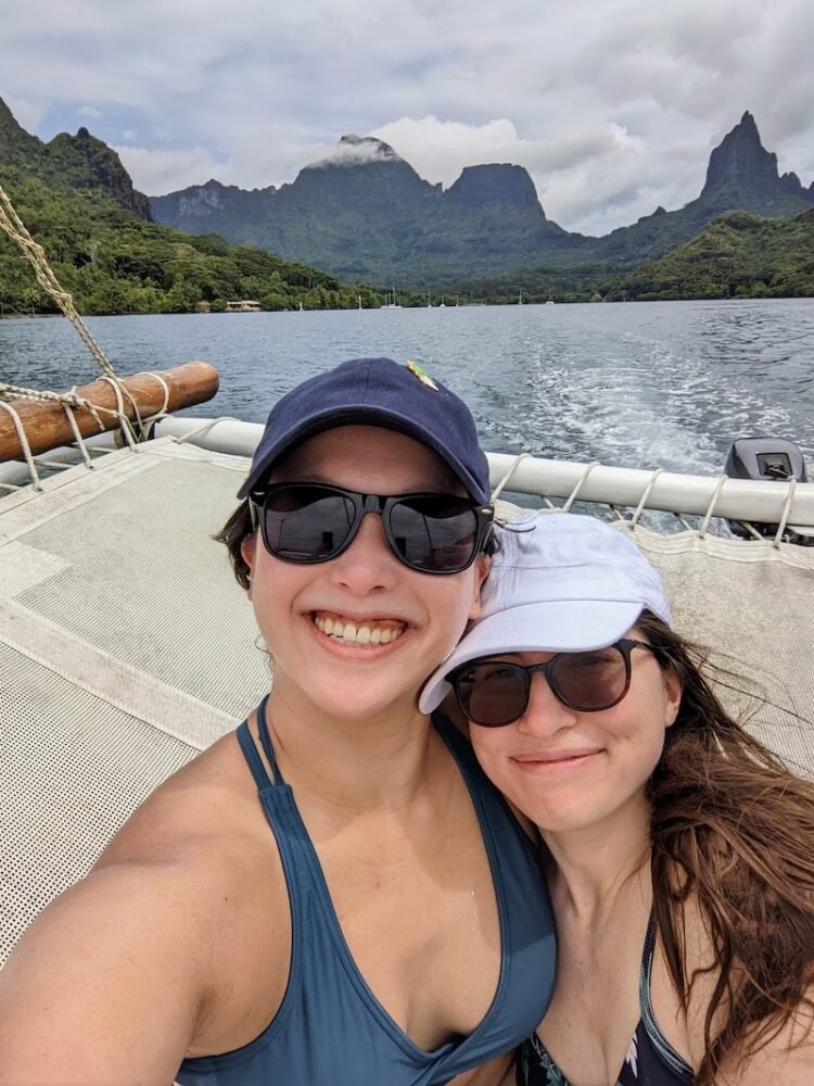 Taking a sailboat catamaran in Moorea to go snorkeling