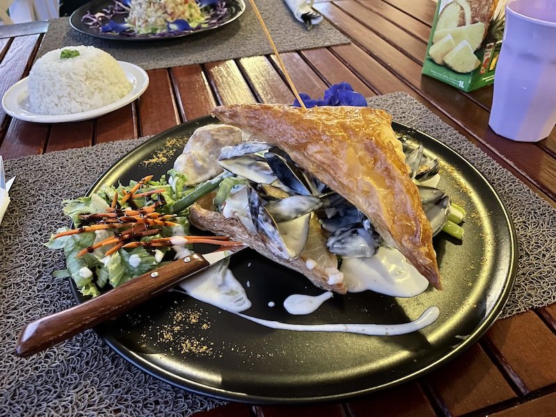 Puff pastry with mussels and mahi mahi at a fancy restaurant in Moorea