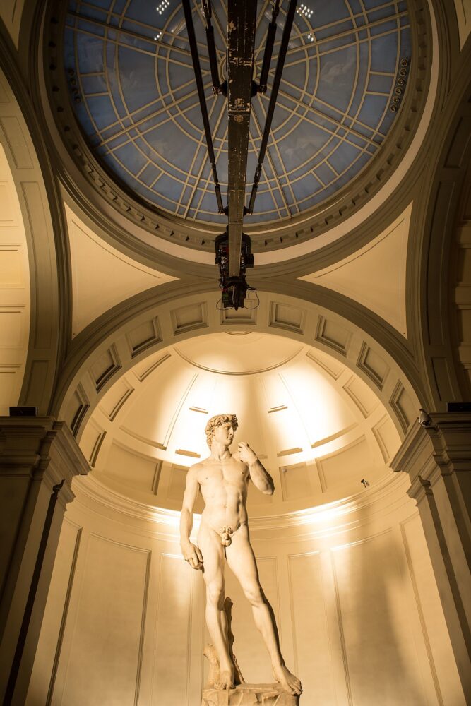 Lights on with a view of the Statue of David in Florence, a beautiful marble statue with great lighting