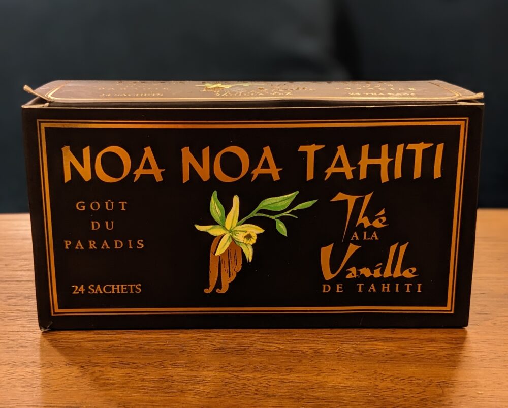 Black box that says "noa noa Tahtii tea vanilla from tahiti"