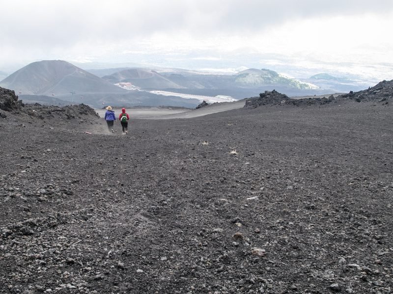 People walking down a trail on Etna, two people walking ahead, crater features and other volcanic geography in the shot