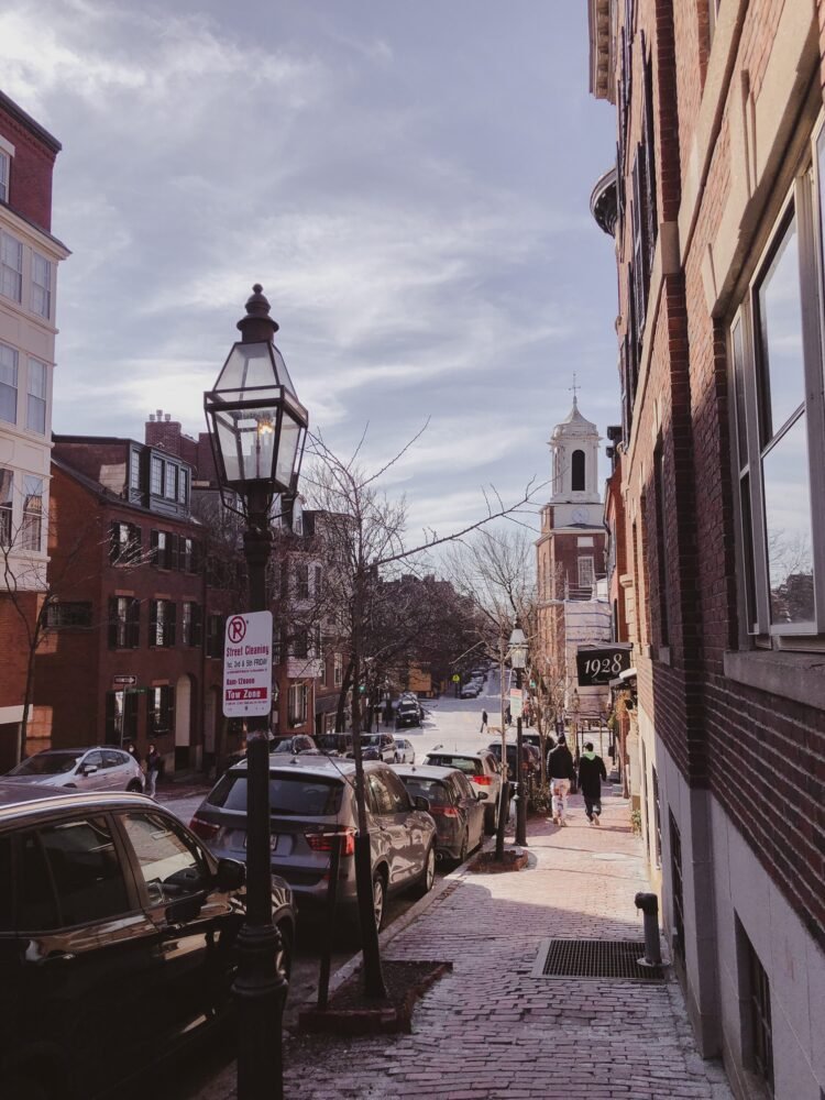 View of the Boston city landscape in the winter on a somewhat cloudy, but not too overcast day