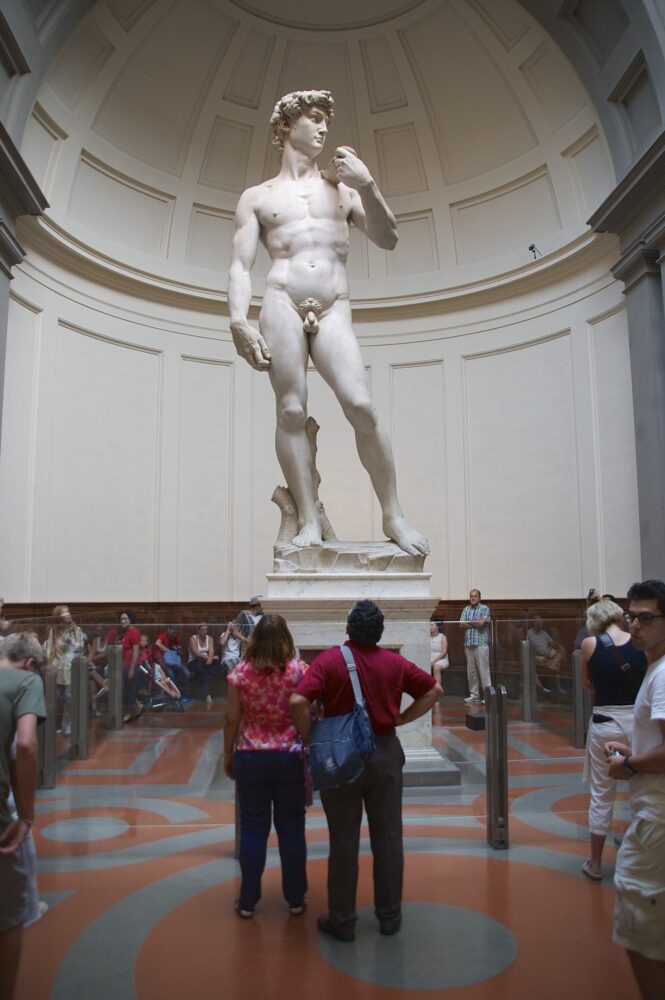 People looking at the Statue of David while inside the Galleria