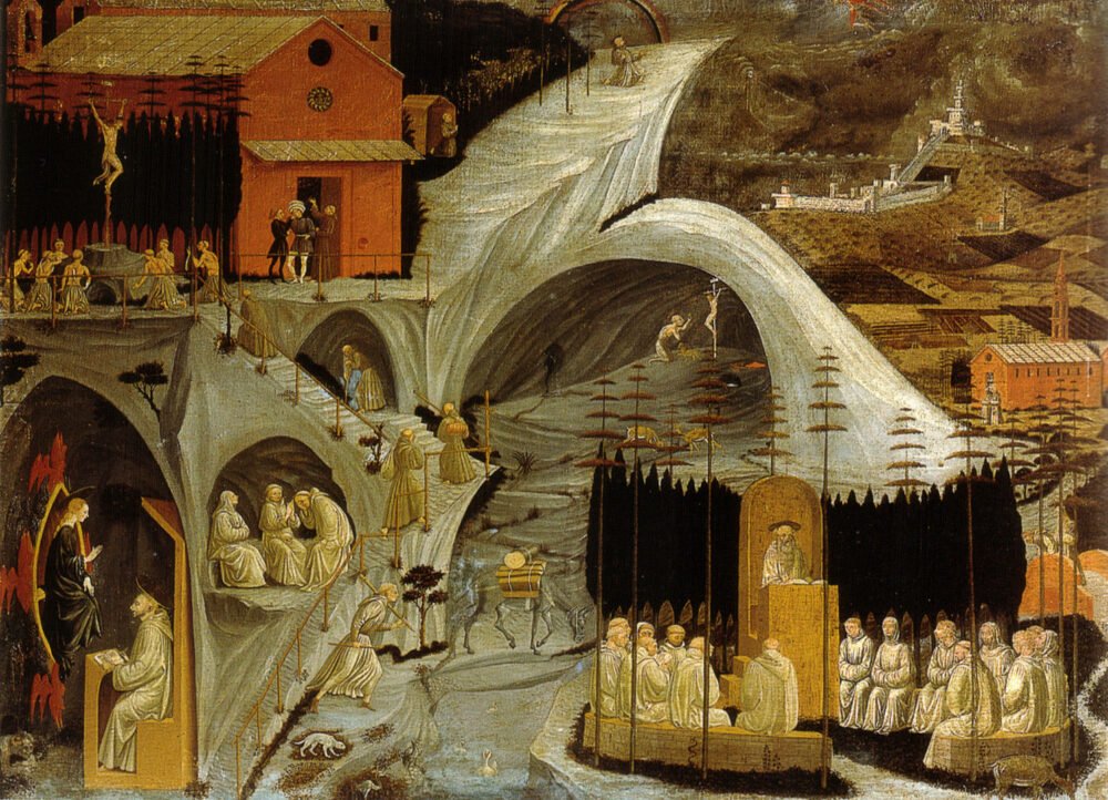 The Thebaid painting, with lots of figures, muted colors, and a religious theme