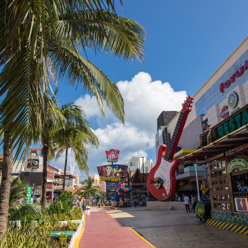 Downtown Cancun area with Hard Rock cafe, Coco bongo, Hooters, and other touristy places