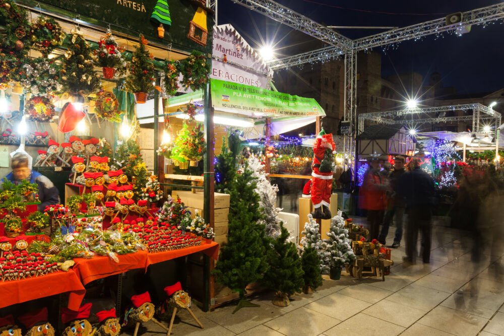 A Christmas market stall in Barcelona in the month of December at the Fira de Santa Llucia Christmas market