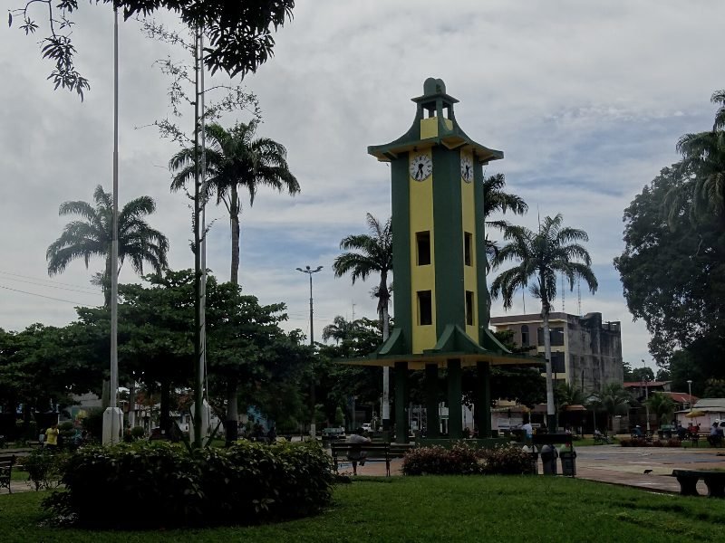 View of the Puerto Maldonado town in the heart of the Amazon region, with palm trees and a famous clocktower