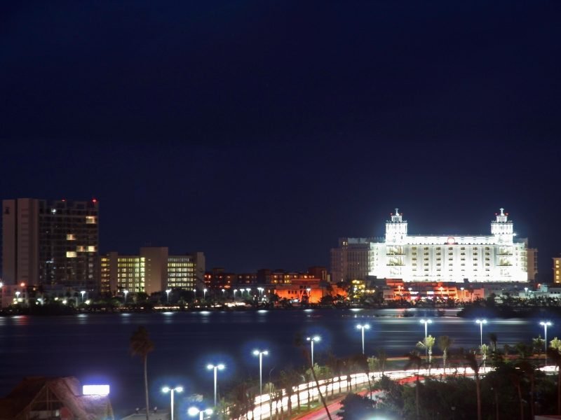 View of the city of Cancun and its hotel district at night