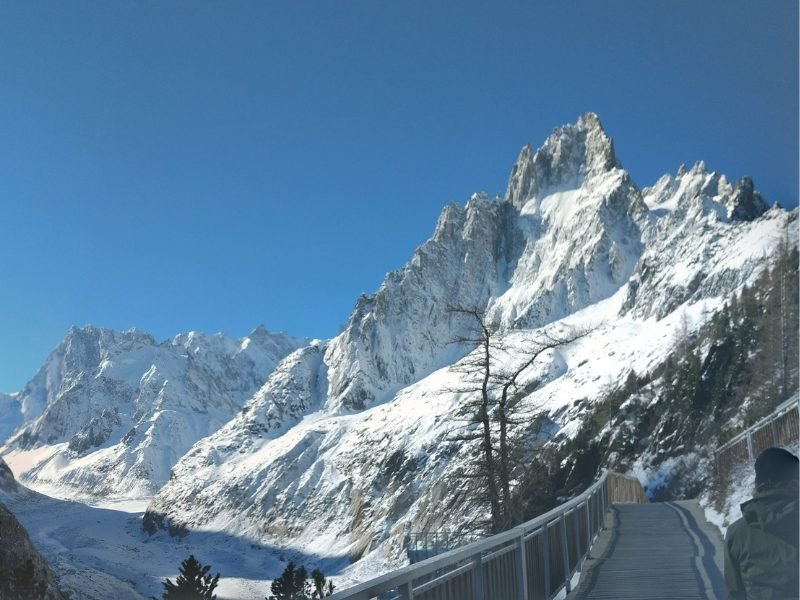 View of the snow-covered peaks of Mer de Glace glacial area