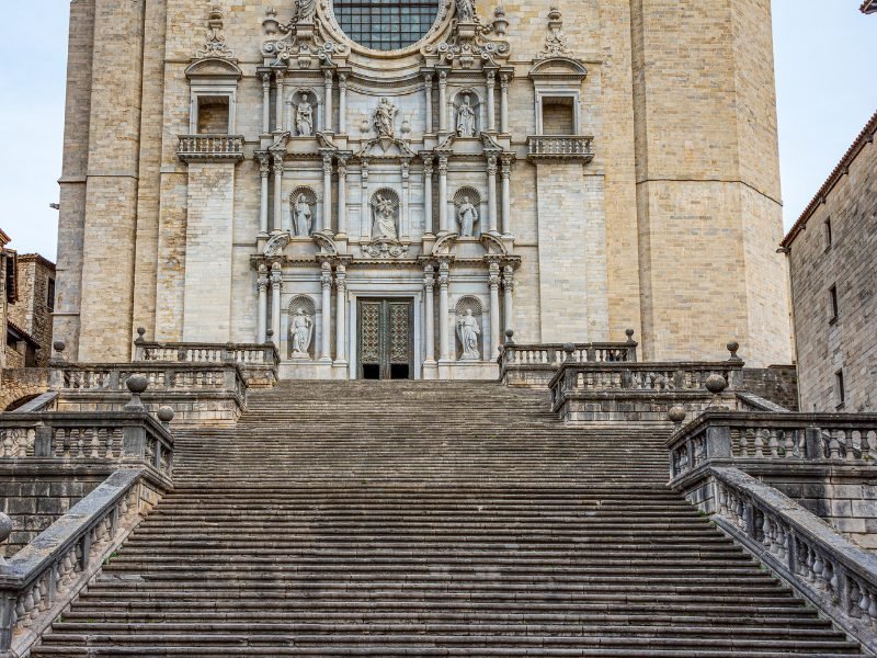 Staircase in Girona near the cathedral with view of the facade of the church