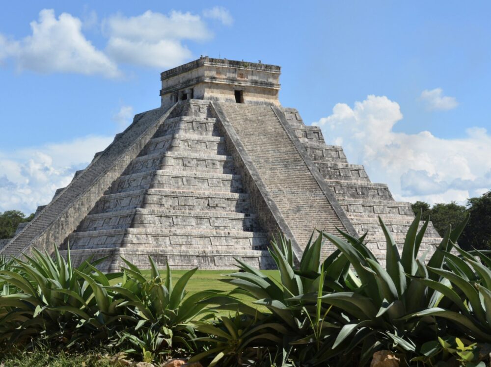 The well-preserved Mayan ruins of Chichen Itza, forming a period, with agave or other plant life in the front of the frame, no people in the shot.