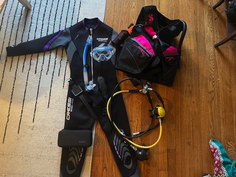 Allison's Scuba gear all laid out on the floor as if about to pack for a dive trip