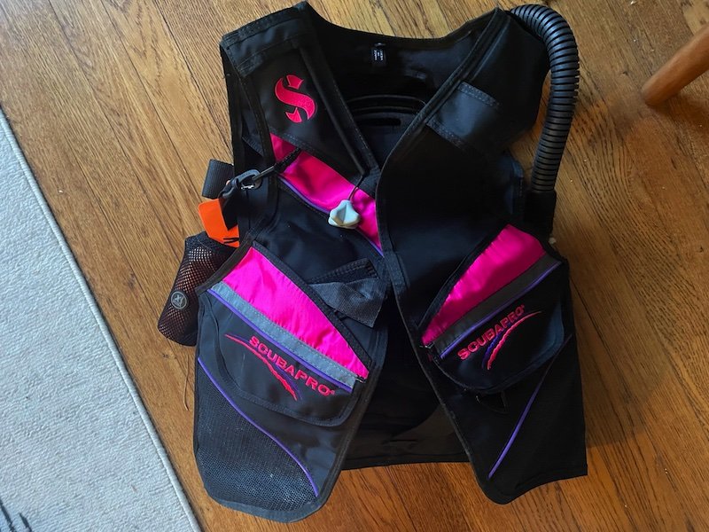 Allison's scubapro BCD with pink and purple detailing and a large S on the left shoulder