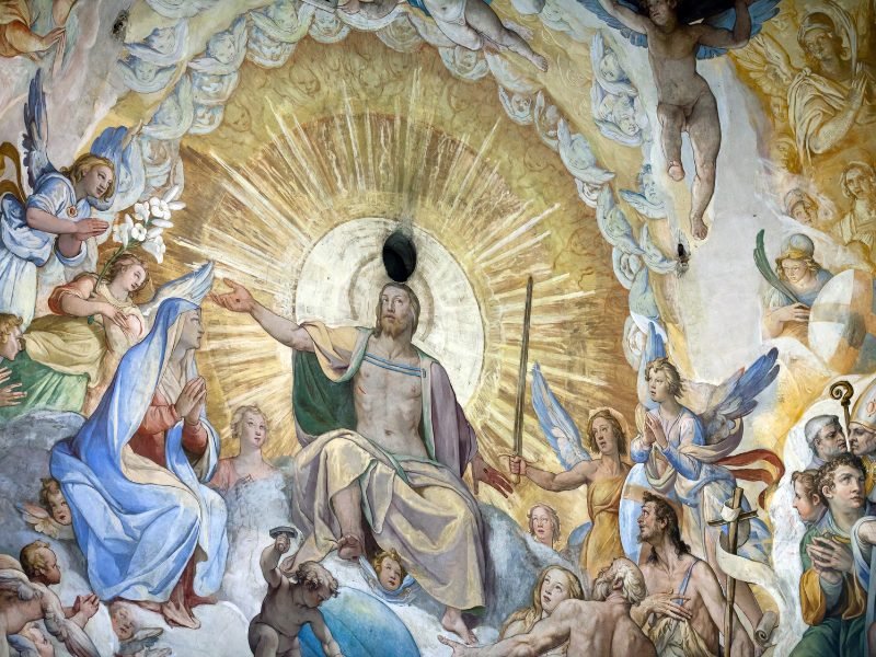 View of the Last Judgment mural inside the dome of the Florence Duomo, combined with a statue of David Pass