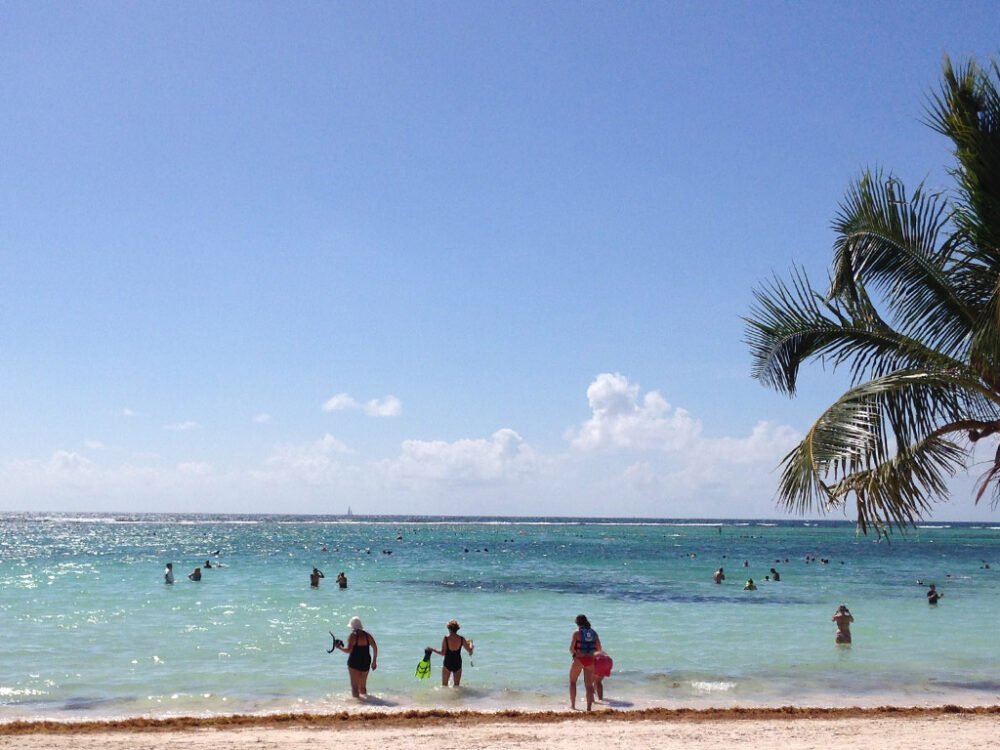 People snorkeling in Akumal with turtles and families enjoying the clear waters