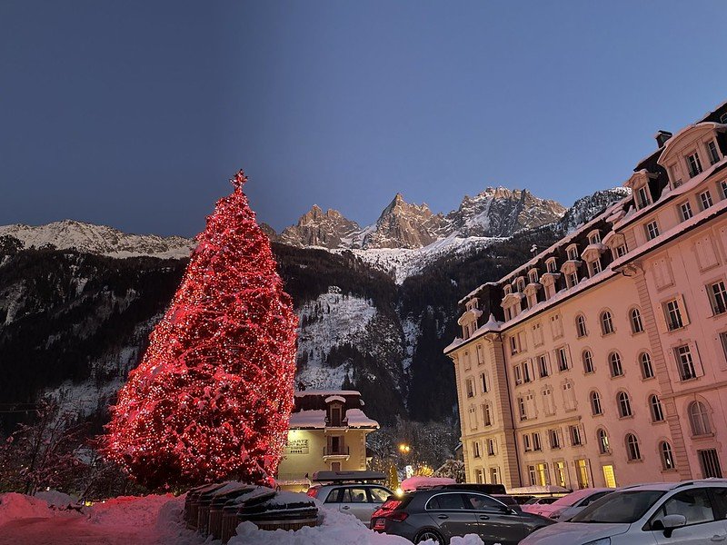 Christmas tree all lit up in the center of Chamonix town