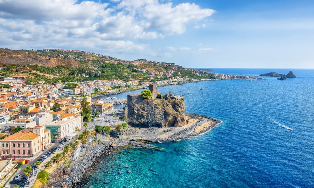 Landscape with aerial view of Aci Castello, Sicily island, Italy