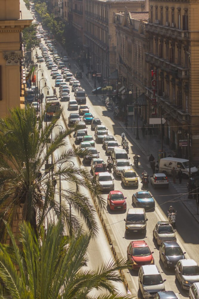 Heavy traffic in Sicily. You can see a row of cars on the Via Roma in Palermo, Sicily. View is from looking from above, just next to the San Domenico church in the heart of the city.
