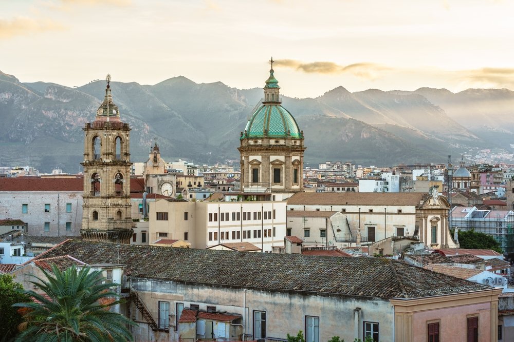 Palermo cityscape, Sicily, Italy. Outstanding over the lower buildings there is a 17th century Baroque-style Chiesa del Gesù