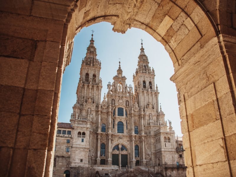 The facade of the Santiago de Compostela Cathedral with beautiful striking design elements