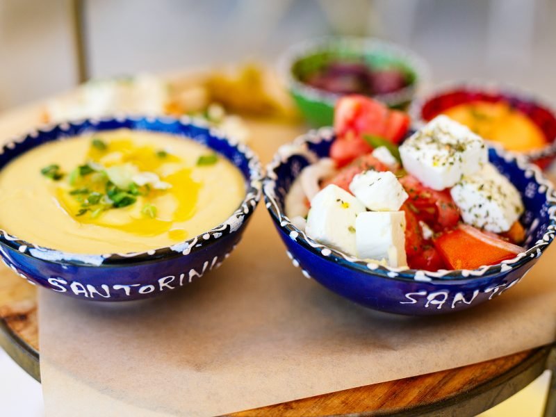 A selection of meze dishes from santorini that you might eat on a cooking tour