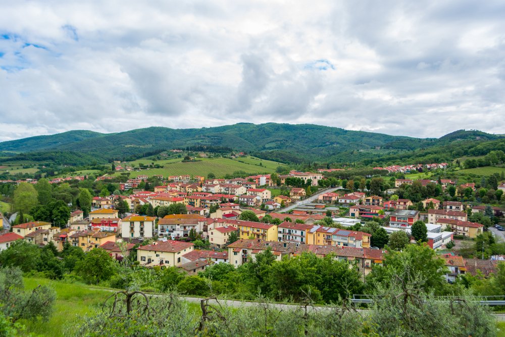 The charming village of Greve in Chianti in the Tuscany region of Italy, with green hills in a lush part of the year