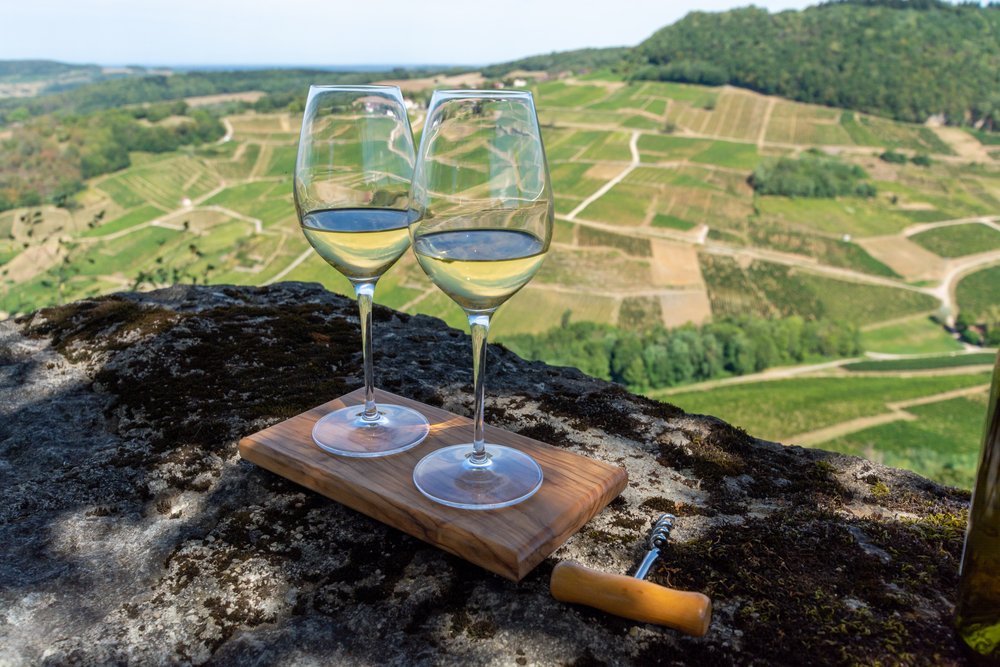 Two glasses of wine overlooking fields and vineyards in Tuscany