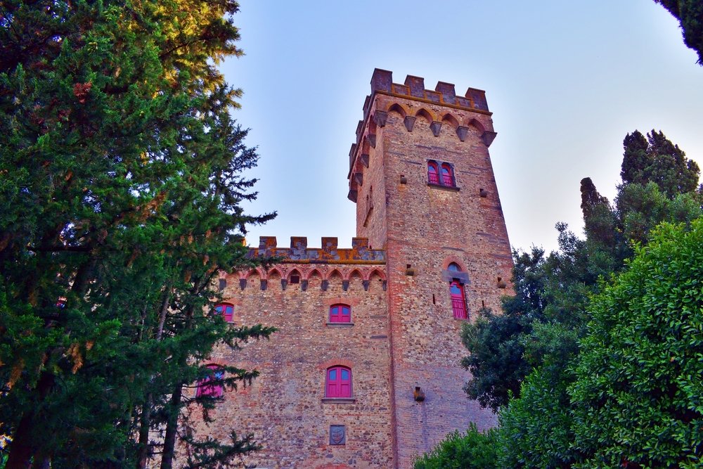 External view of the medieval castle of Poppiano on the Via Chiantigiana
