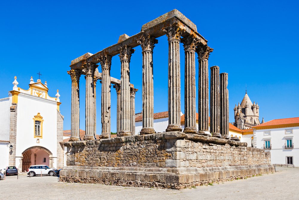 A well-preserved Roman temple located in the UNESCO world heritage site city of Evora, Portugal