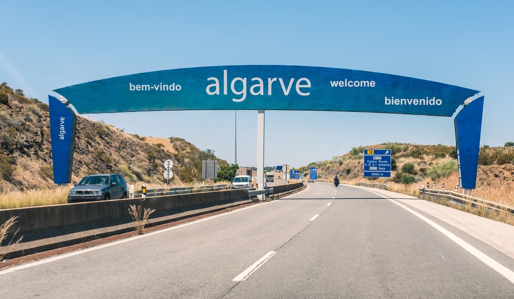 A street sign welcoming you to the Algarve region of Portugal from points north like Lisbon while on a motorway in Portugal