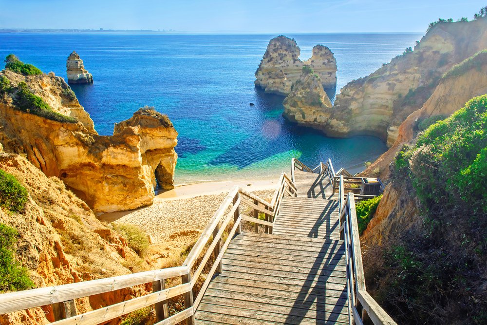 Wooden footbridge to beautiful beach Praia do Camilo near Lagos in algarve region