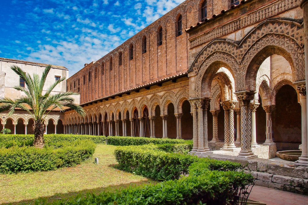 The courtyard of Monreale cathedral of Assumption, Sicily, Italy.
