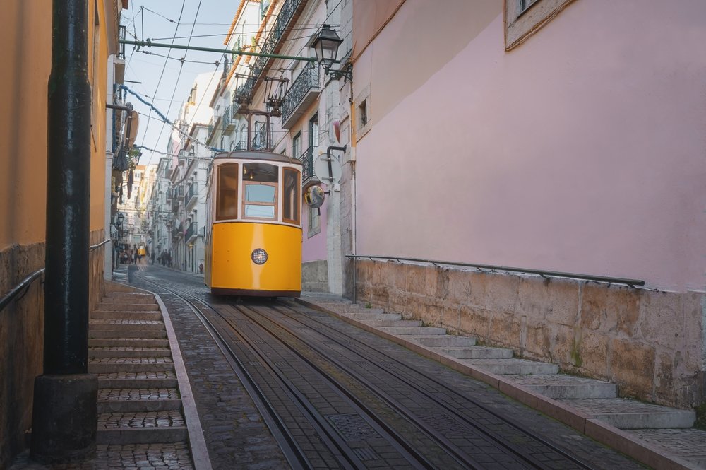 Famous yellow elevador da bica, an old streetcar that goes up and down a hill in lisbon, through scenci streets