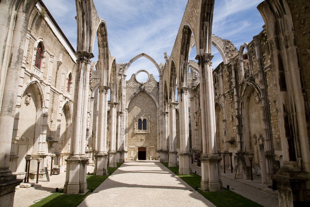 Open roof of Igreja do Carmo ruins, the remnants of an old convent that now has no roof and is in ruins, housing an archaeological museum as well.