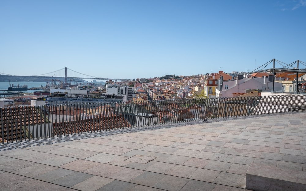 Fenced in Miradouro looking out to the famous bridge that resembles the golden gate bridge and the river tejo