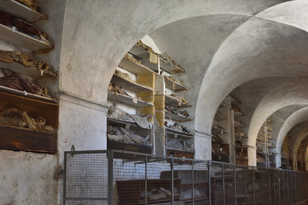 Mummified remains in the catacombs of the Capuchin monastery in Palermo, Sicily.