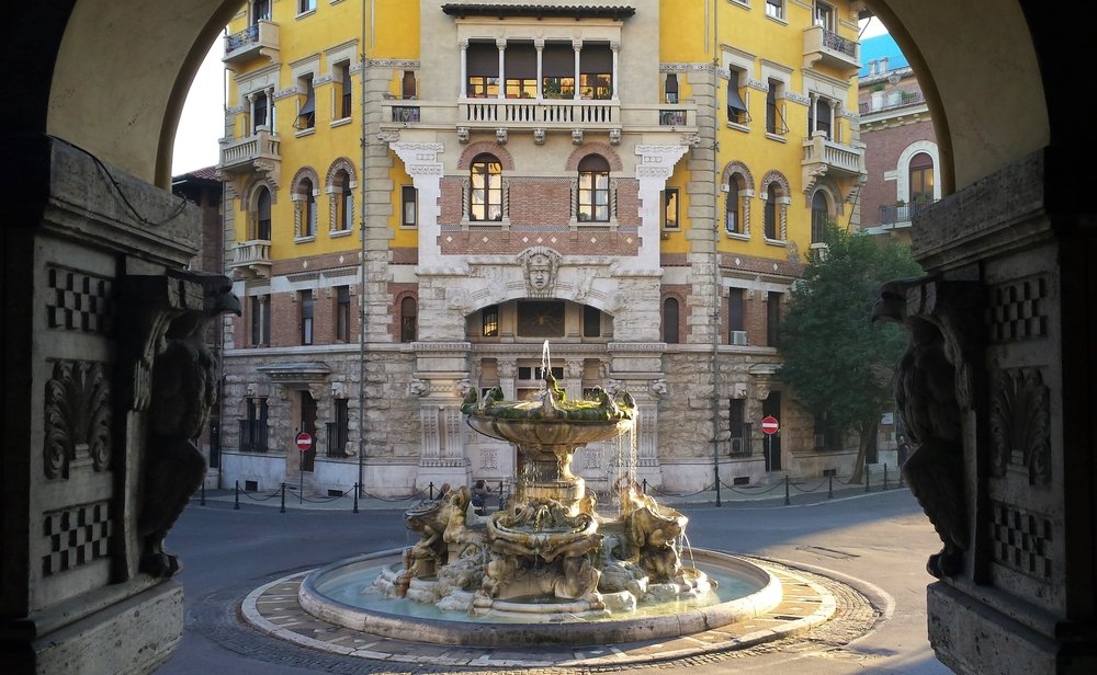 Frogs fountain in Mincio square in the fairytale-looking Quartiere Coppedè in Rome, a hidden gem away from the tourist crowds