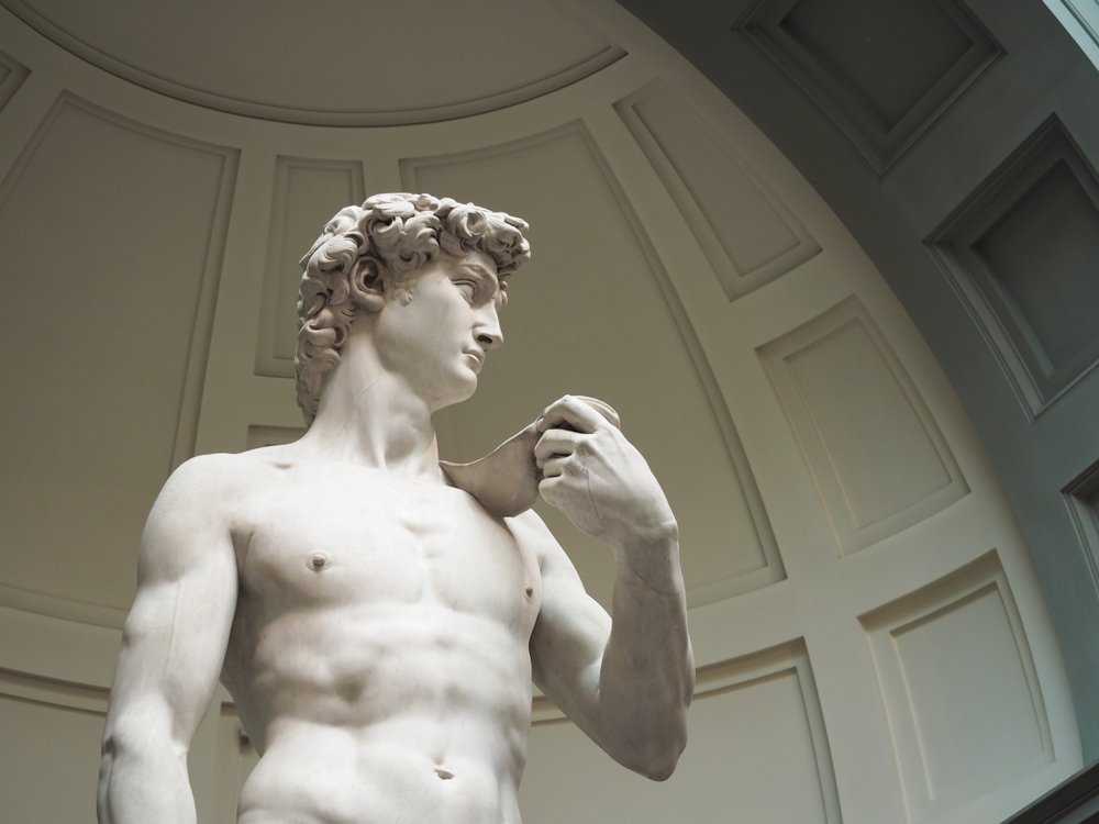 David is a Renaissance sculpture masterpiece of Michelangelo in florence italy, shown in the Accademia Gallery