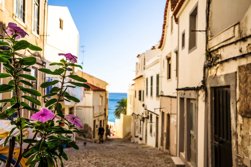 Charming street of Sesimbra with flowers in the foreground and the ocean in the backdrop