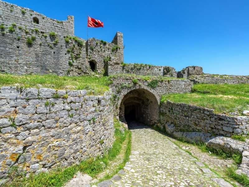 The Shkodra castle ruins of Rozafa Fortress, above the city of Shkodra in northern albania, with stone and grass