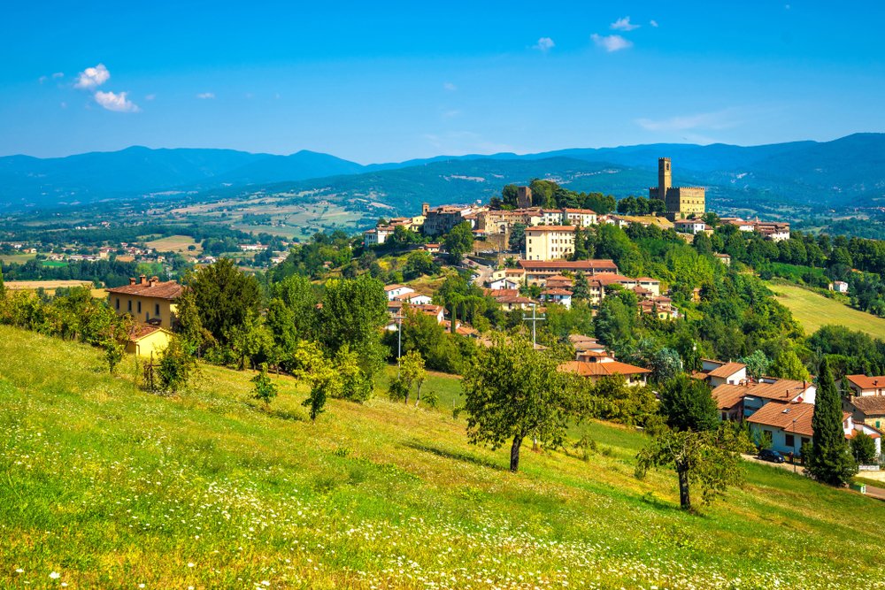 Poppi medieval village and castle panoramic view on a beautiful spring day