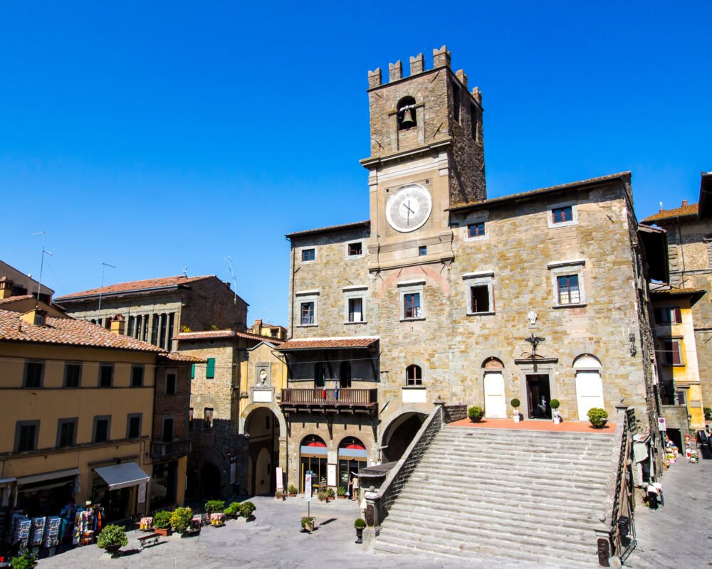 The wide staircase leading up to the Cortona Cathedral in the heart of the old historic town of Cortona