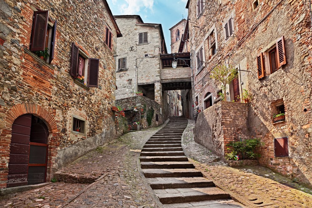 The charming village of Anghiari near Arrezzo with cobblestone and stairs