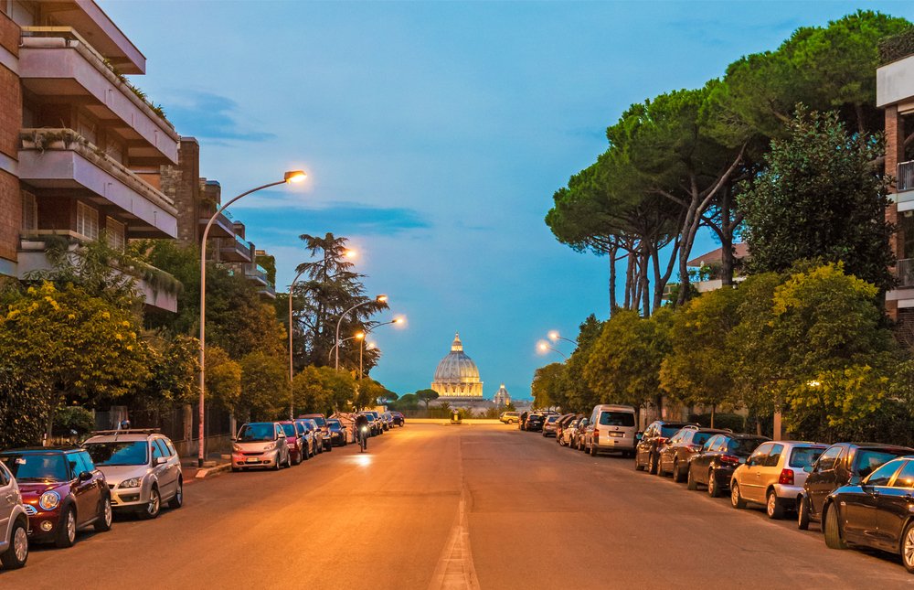 sun set in rome as you approach the basilica optical illusion