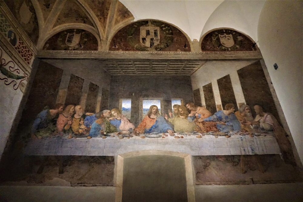 a view of the refectory wall with the last supper painting seen in front of you