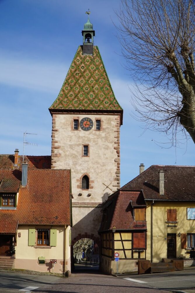 the famous medieval gate of bergheim, a famous site in france, a popular village for tourists