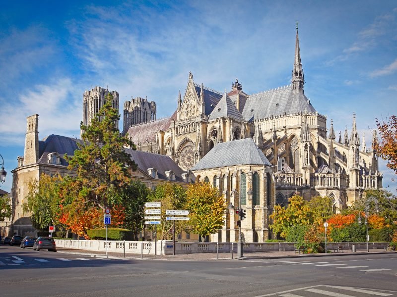 The cathedral of Reims in France on a beautiful fall day