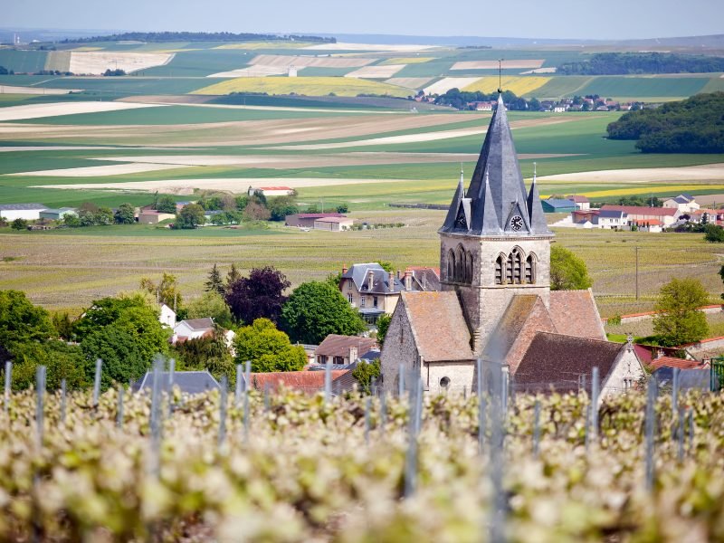 Blurry bokeh of vineyards in the foreground with church tower and medieval-style architecture of charming French villages in the landscape