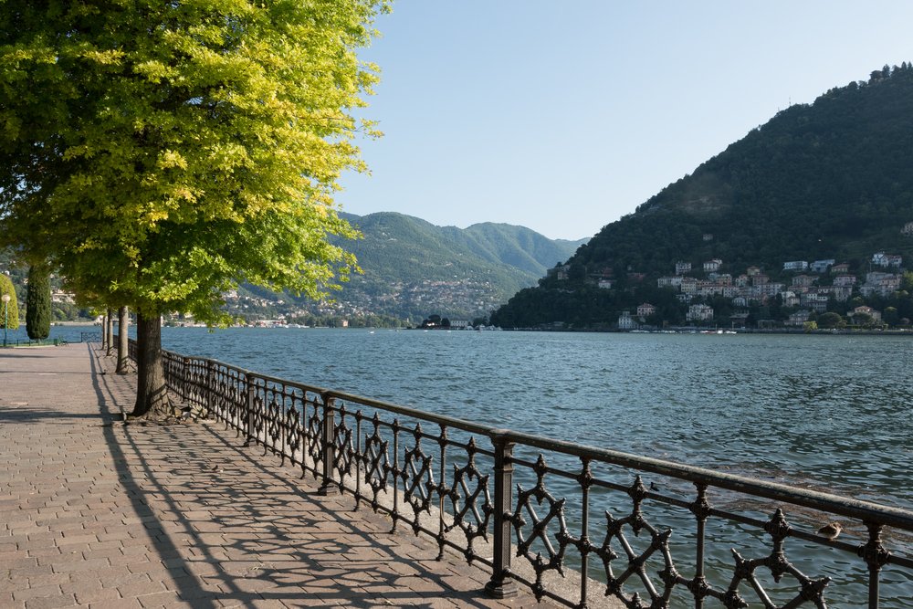 A wrought-iron fence separating the lungolago (lakefront promenade with trees) and the lake. There are houses and settlements on the other side of the lake.