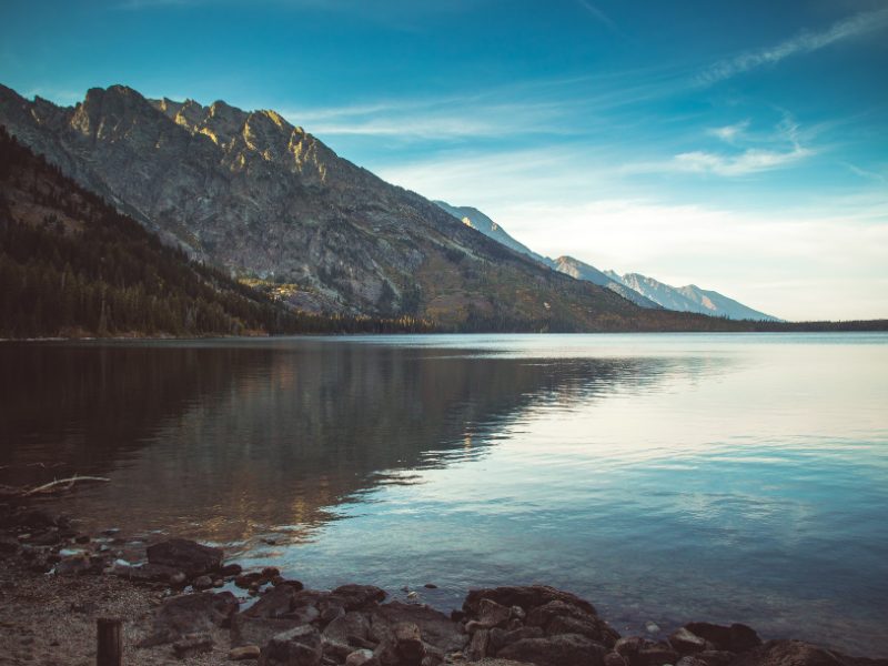 View at Jenny Lake with water lapping softly at the shore